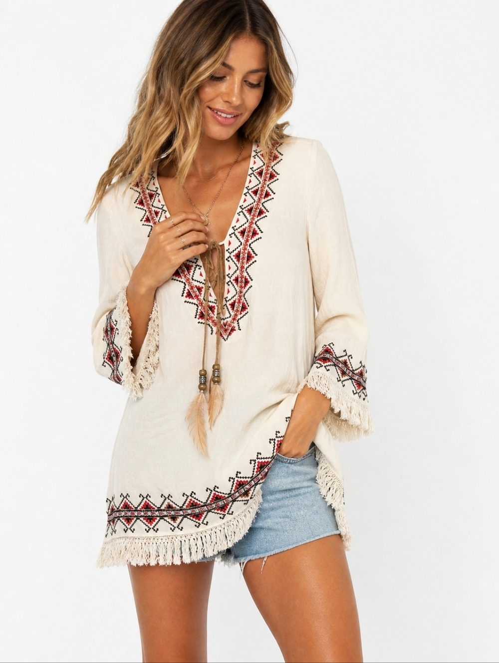 Miss Me Boho Embroidered Tassel Tunic Dress Cream Fringe Hem Small